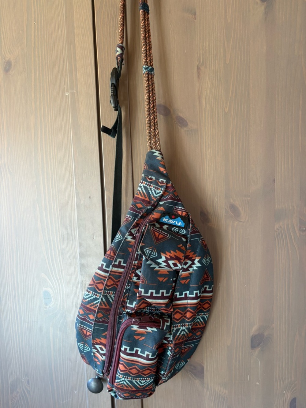 Kavu Rope Sling Bag - Rust, Teal, Black Aztec Print